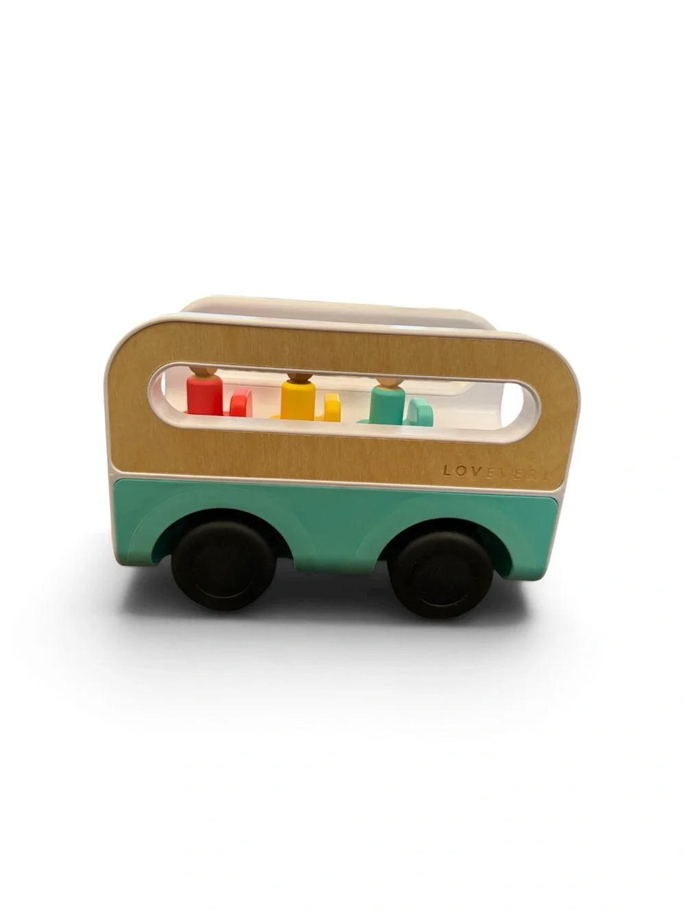 Lovevery Teal Wooden Bus Toy with Colorful Peg Passengers